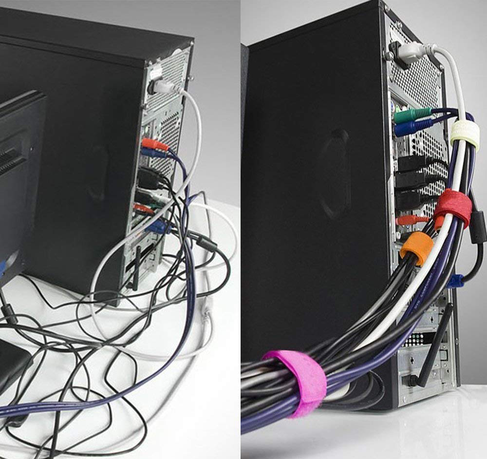 Fitas para organização de cabos Traseira de torre de computador com vários cabos organizados com braçadeiras coloridas