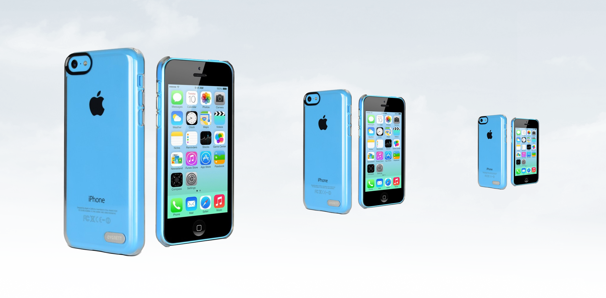 iPhone 5C Capa Cygnett Rígida 100% Transparente iPhones com capas azuis e ecrãs ativos exibindo ícones de aplicações