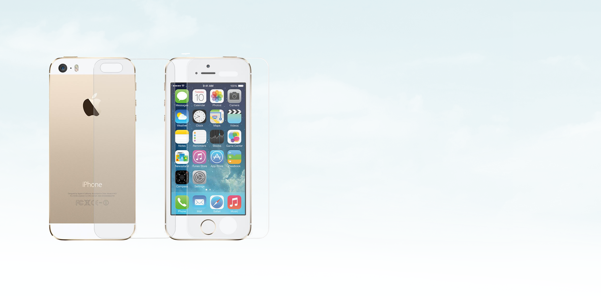 Películas de Protecção Plásticas Frente e Trás 100% Transparentes para iPhone 5 Dois iPhones 5S dourados com moldura branca, um visto de trás e outro de frente com tela ligada, sobre fundo azul com nuvens