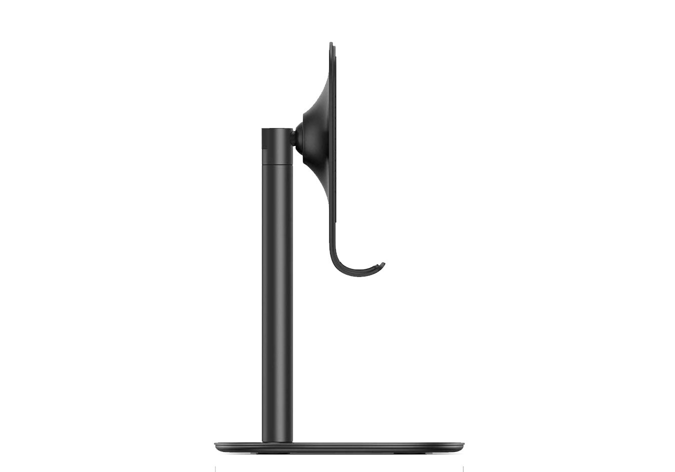 Suporte Secretária Universal Ajustável para Smartphone e Tablet Monitor preto com suporte e base vistos de perfil.