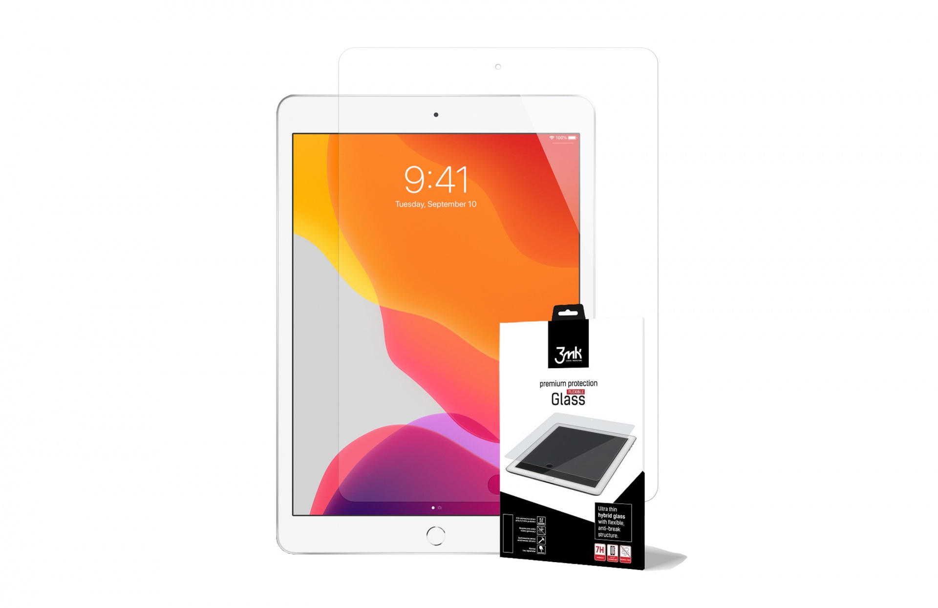 Película de Protecção 3mk em Vidro Temperado FlexibleGlass para iPad Air 3 / Pro 10.5'' Tablet branco com ecrã colorido e embalagem de película protetora de vidro temperado.