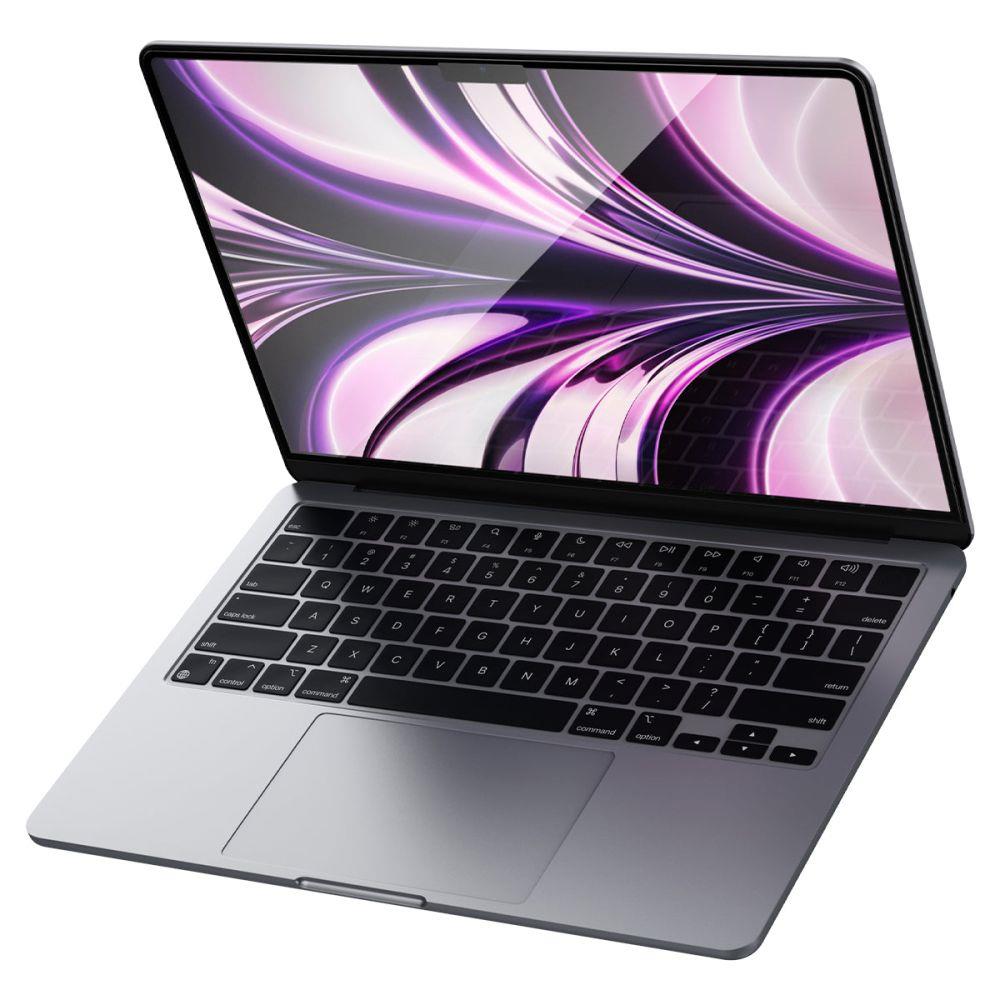 Película de Vidro Temperado Spigen Glass Full Coverage para MacBook Air Portátil cinza metálico com ecrã ligado e teclado preto
