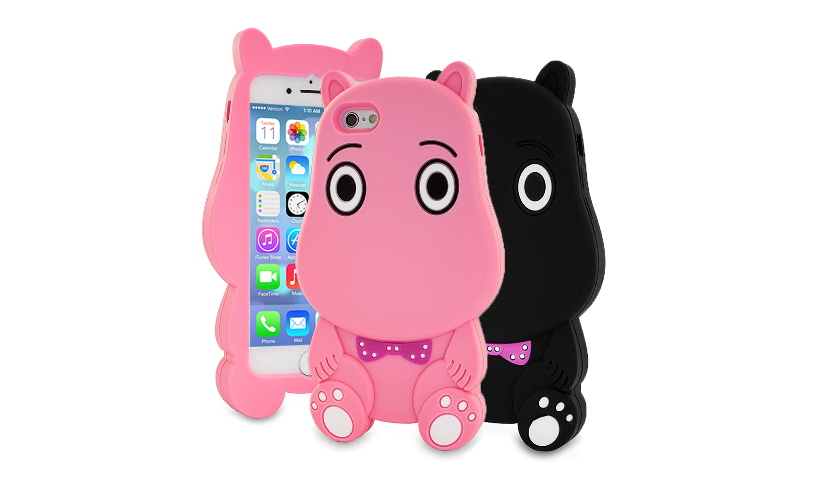 Capa 3D Silicone Hippo para iPhone SE/8/7/6 Capas de telemóvel em silicone formatadas como hipopótamos rosa e preto