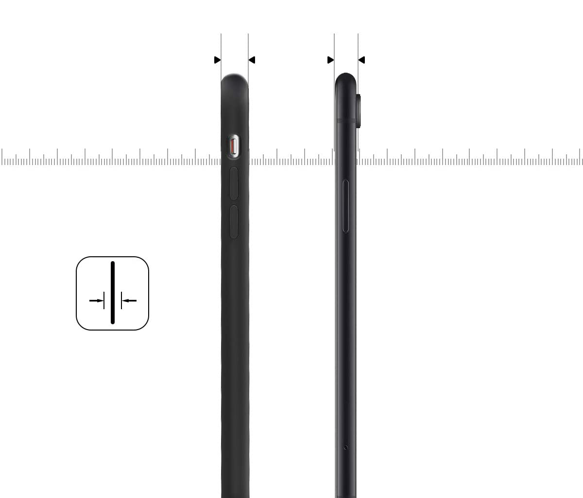 iPhone XR Capa Silicone Rígido Premium Rubberized OEM Duas vistas laterais de capa fina preta para smartphone com régua para medir espessura