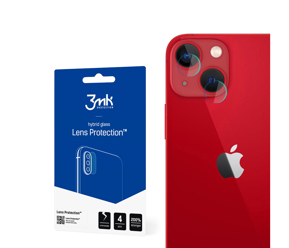 (Pack 4) Películas de Protecção de Câmara Traseira 3mk HybridGlass para iPhone 13/13 mini Protetor de lentes 3mk Lens Protection e smartphone vermelho com dupla câmara
