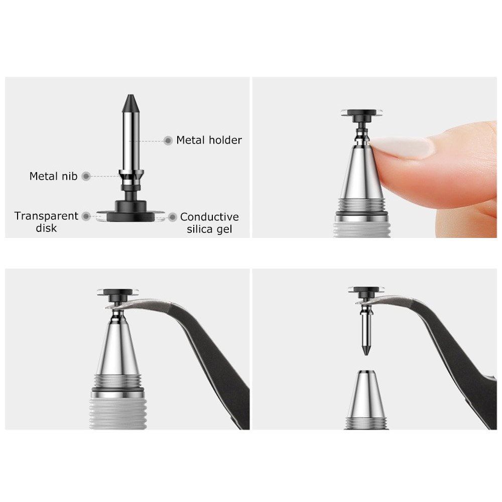 Caneta Stylus Baseus Golden Cudgel Double-sided Componentes metálicos prateados com disco transparente e gel condutivo, com fundo branco.