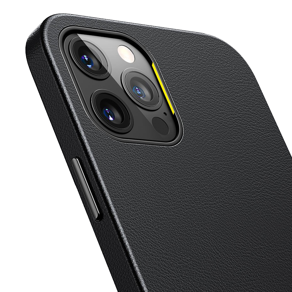 Capa Magnética Baseus Leather para iPhone 12/12 Pro Capa preta para smartphone com três câmaras visíveis