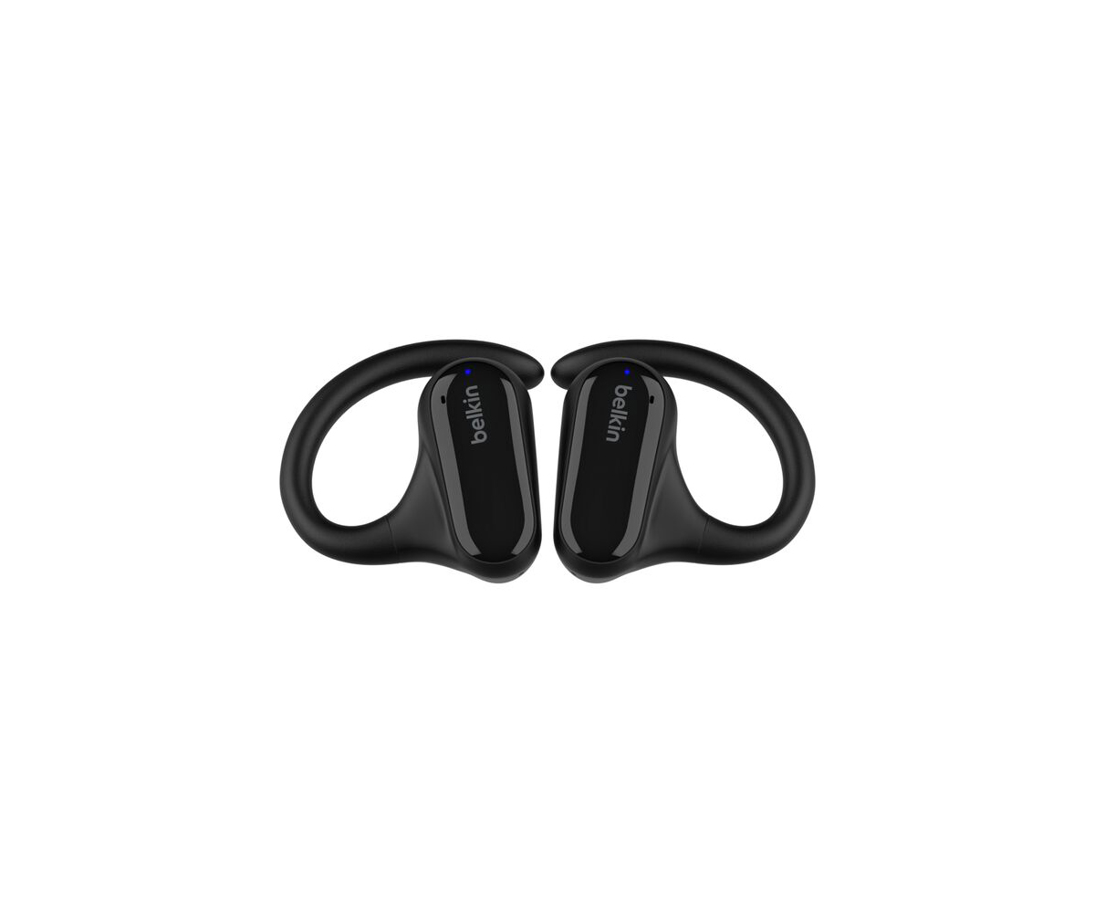 Auriculares Belkin SoundForm ClearFit - Preto Auriculares wireless pretos com gancho para orelha e logo Belkin