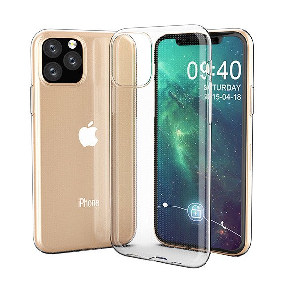Capa Fina Proda Silicone 100% Transparente para iPhone 11 Pro Max Smartphone iPhone dourado com capa protetora transparente e visor com data e hora