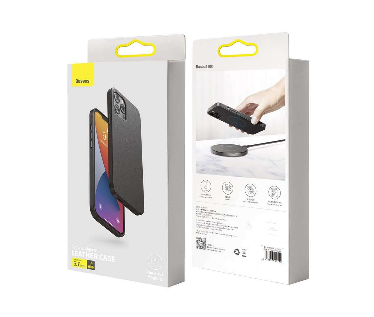 Capa Magnética Baseus Leather para iPhone 12/12 Pro Embalagem de capa para telemóvel preta Baseus Leather Case 6.7 polegadas