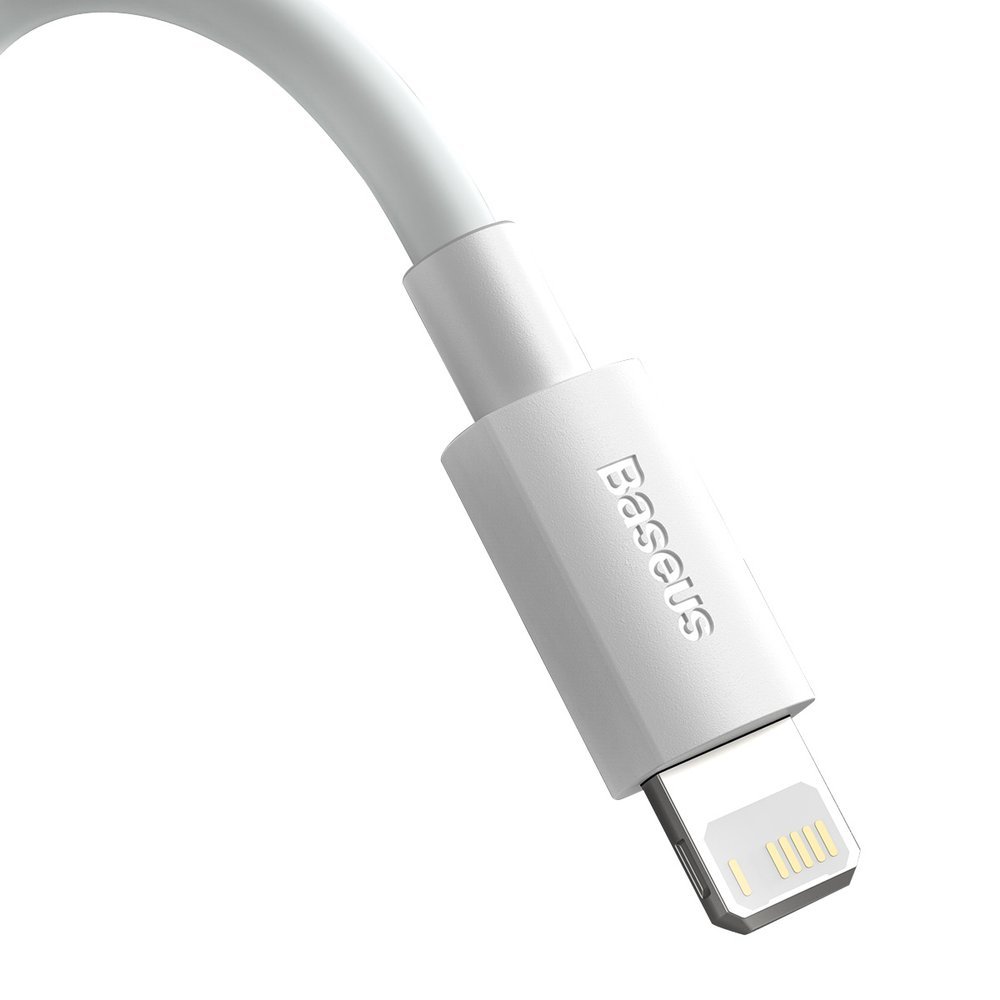 (Pack 2) Cabo Baseus 2.4A Lightning para USB (1,5 m) Cabo branco Baseus com conector Lightning sobre fundo branco