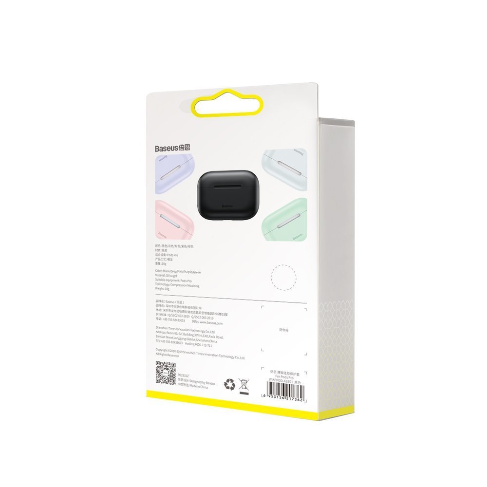 Capa Silicone Ultra Fina Baseus para AirPods Pro Embalagem do acessório Baseus preto com detalhes multicoloridos em fundo branco