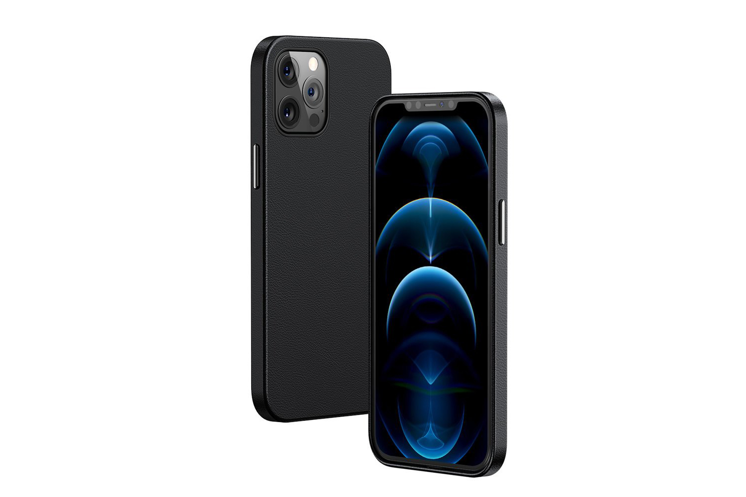 Capa Magnética Baseus Leather para iPhone 12/12 Pro Telemóvel preto moderno com ecrã ligado e três câmaras traseiras sobre fundo branco.