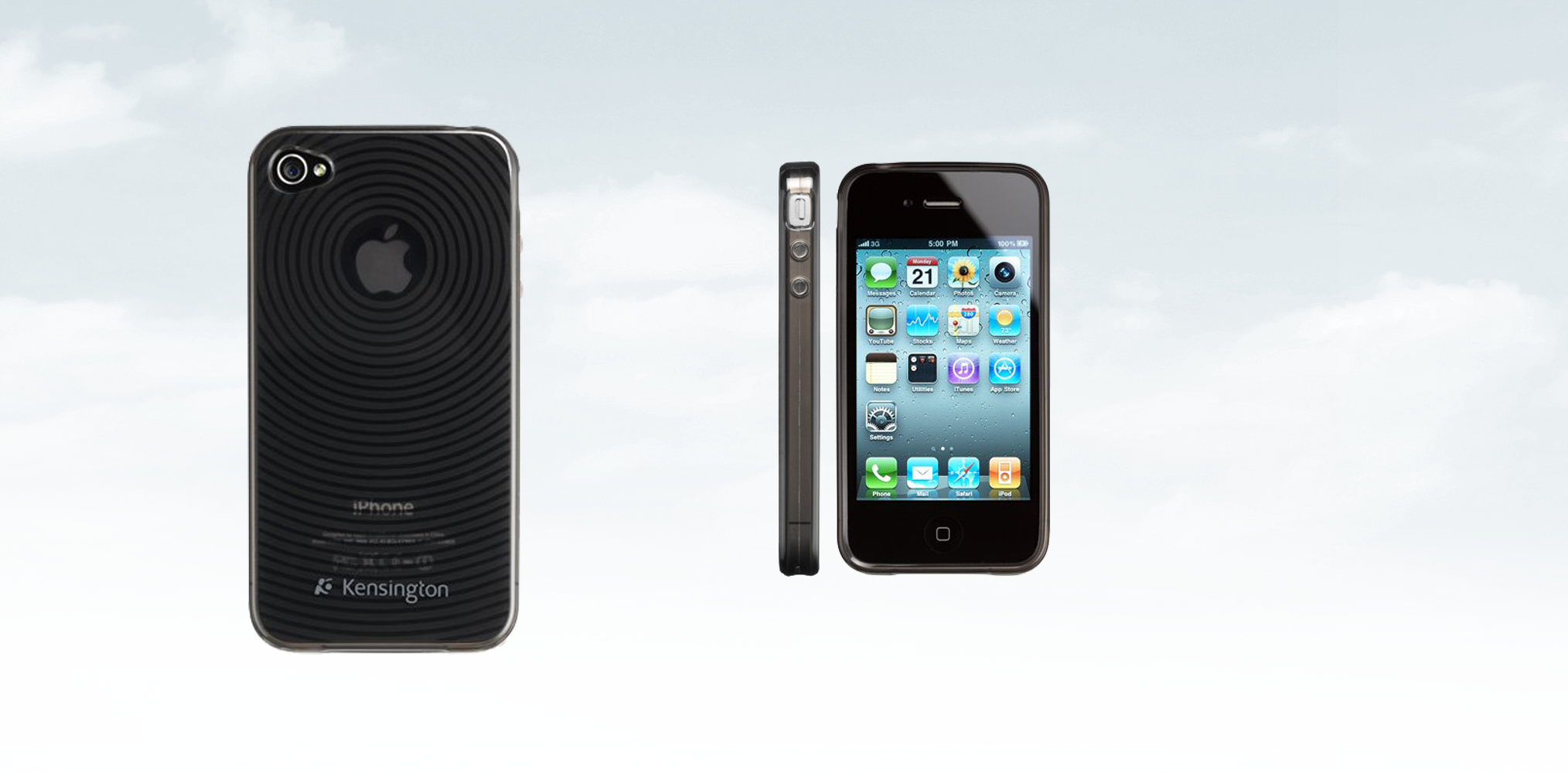 iPhone 4/4S Capa Silicone Kensington Telemóvel iPhone preto com capa protectora preta e fundo de céu azul claro