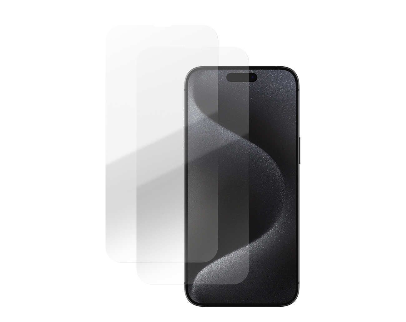 (Pack 2) Películas em Vidro Temperado APK HD para iPhone 15 Pro Smartphone preto com película protetora transparente ao lado