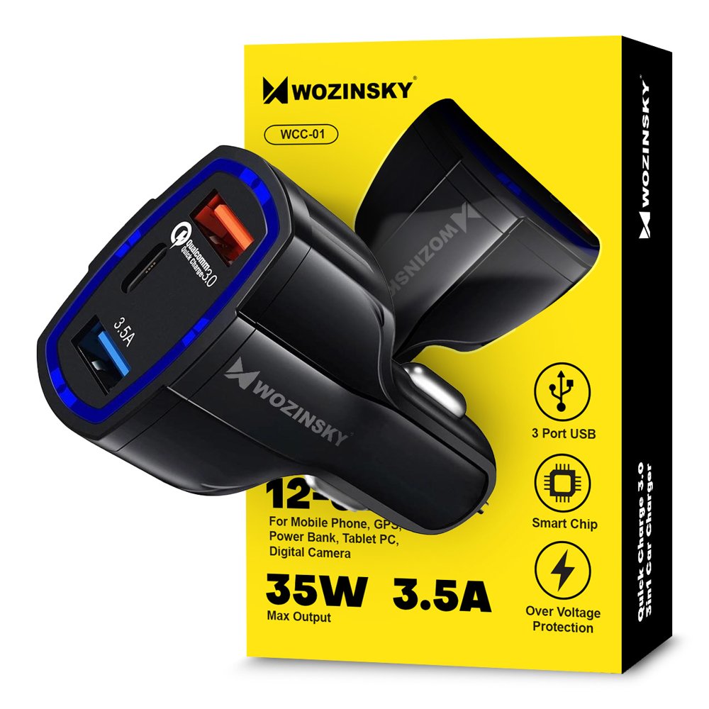 Carregador de isqueiro Wozinsky 2x USB + 1x USB-C QC3.0 Carregador veicular preto e azul Wozinsky WCC-01 com embalagem amarela