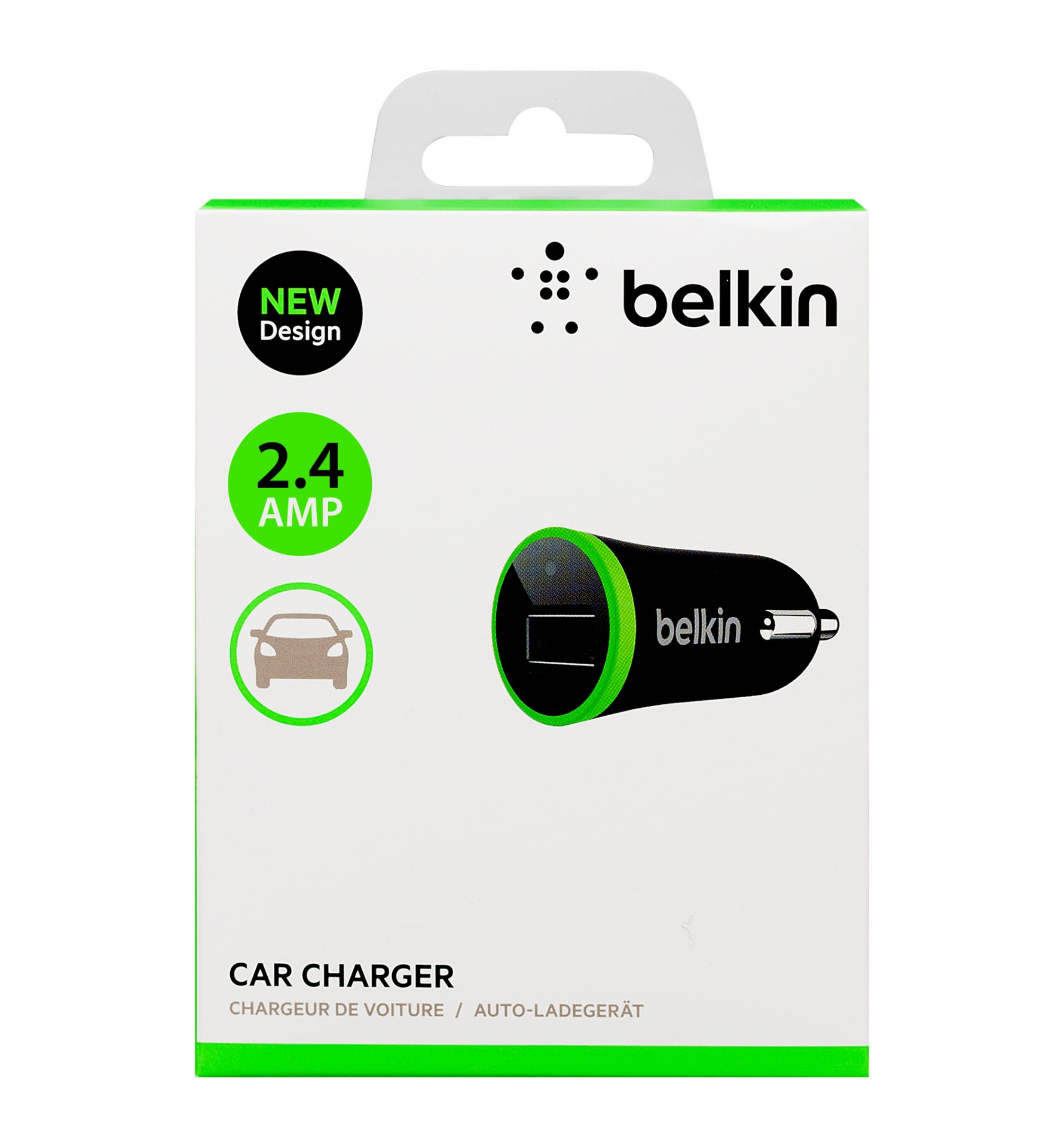 Carregador de isqueiro USB Belkin Ultra Fast 2.4A/12 W Embalagem de carregador de carro Belkin preto com detalhes verdes e amperagem 2.4 AMP