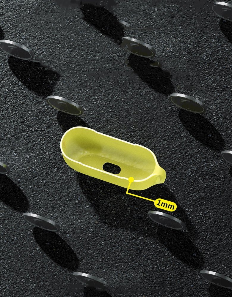 Capa Silicone Baseus Let''sGo Jelly Lanyard para AirPods Pro Peça amarela alongada destacada com indicação de 1mm sobre superfície preta texturada com relevos circulares.