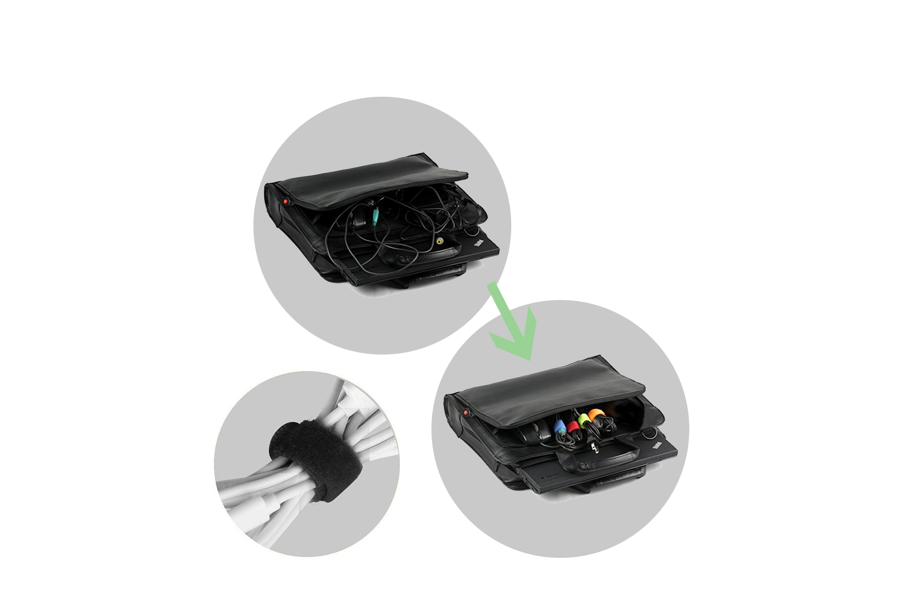 Fitas para organização de cabos Bolsa preta aberta com pincéis de maquilhagem coloridos visíveis