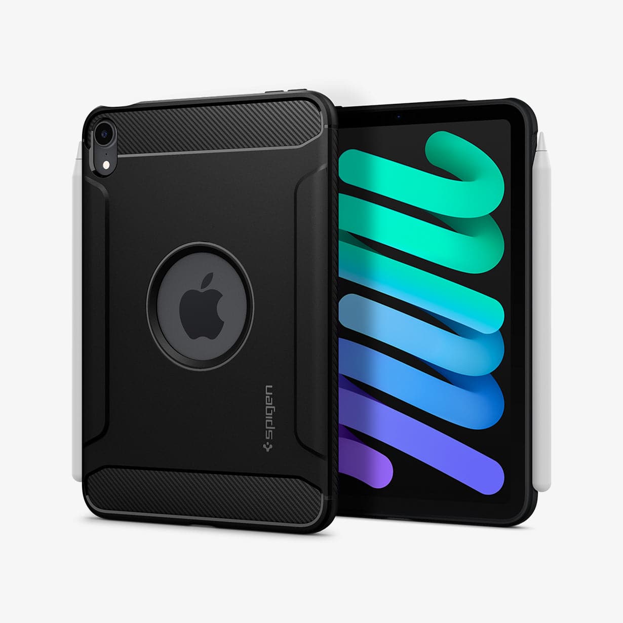 Capa Spigen Rugged Armor para iPad mini 6 (2021) Capa preta Spigen para iPad Mini com textura e tablet ao lado com ecrã colorido