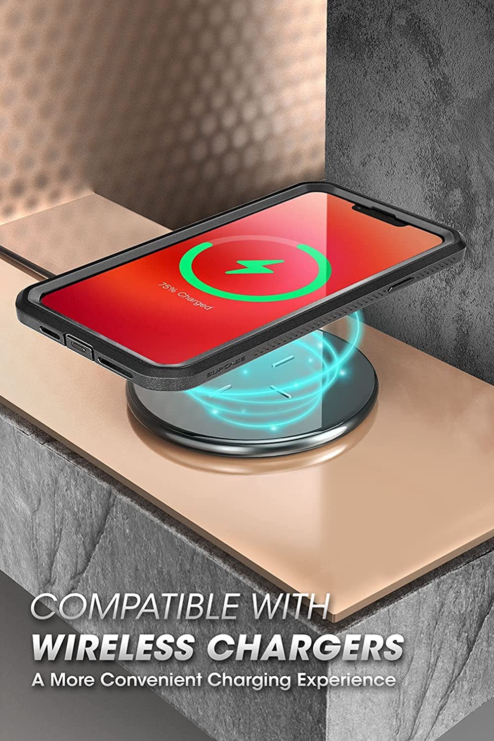 Capa Anti-Shock 360º Supcase Unicorn Beetle Pro para iPhone 13 mini Smartphone a carregar sem fios num carregador wireless redondo