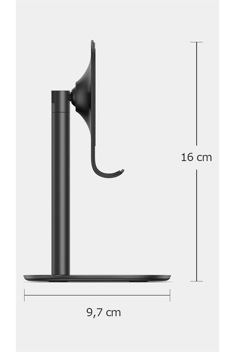 Suporte Secretária Universal Ajustável para Smartphone e Tablet Suporte de telefone móvel preto com dimensões de 16 cm altura e 9,7 cm largura