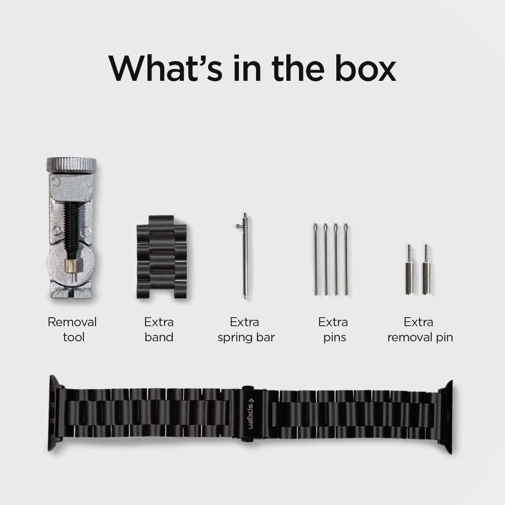 Bracelete Spigen Modern Fit para Apple Watch Ferramentas e bracelete extra para relógio dispostos em linha sobre fundo branco com texto explicativo