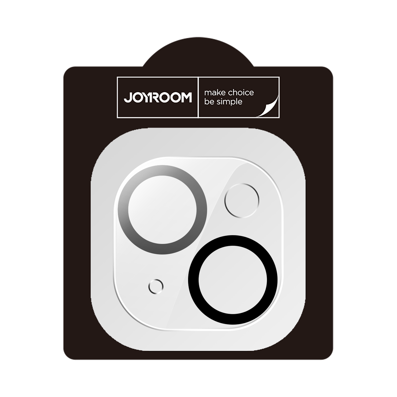 Película de Protecção de Câmara Traseira Joyroom Lens Protector para iPhone 14/14 Plus produto JOYROOM com dois anéis metálicos e botão em suporte branco em embalagem preta