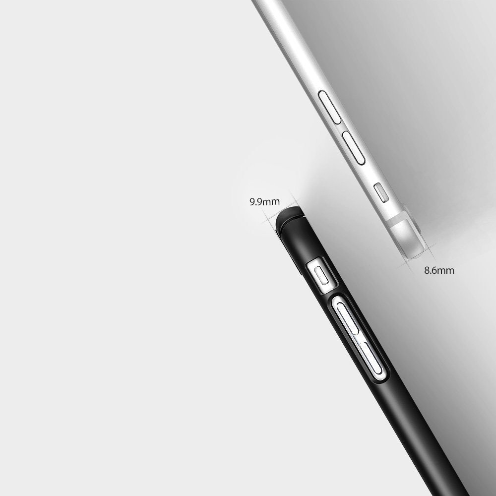 iPhone 7/8 Plus Capa Rígida Ultra-Fina Ringke Slim Duas capas finas para tablet, uma preta e outra cinza, exibindo suas espessuras e botões laterais.