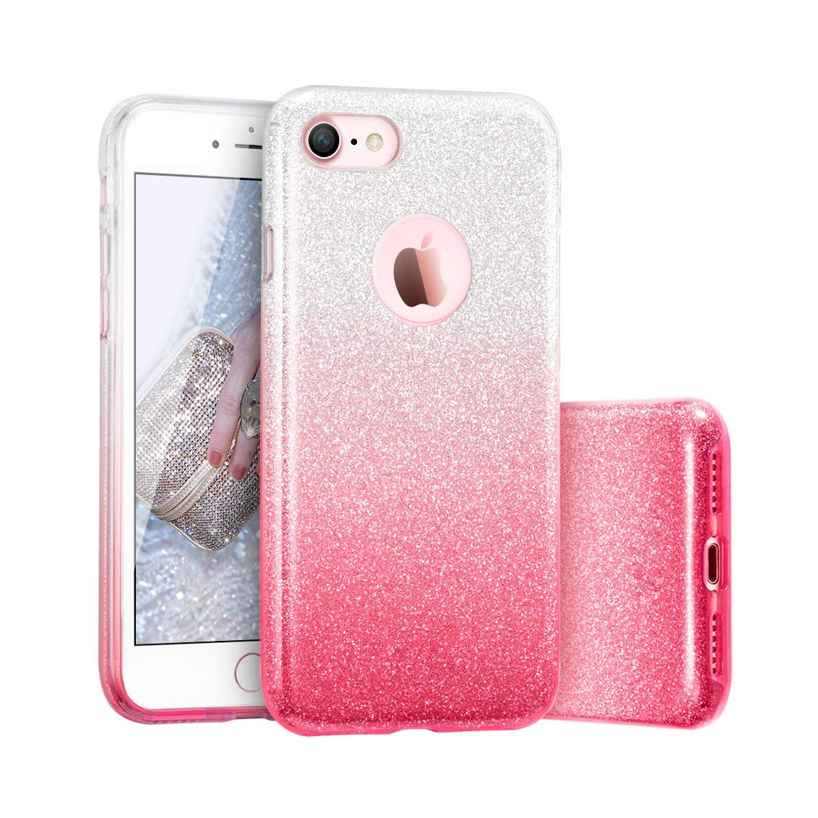 iPhone 7/8 Capa Silicone Gradient Bling Capa para smartphone rosa e prata brilhante com recorte circular para logo da Apple