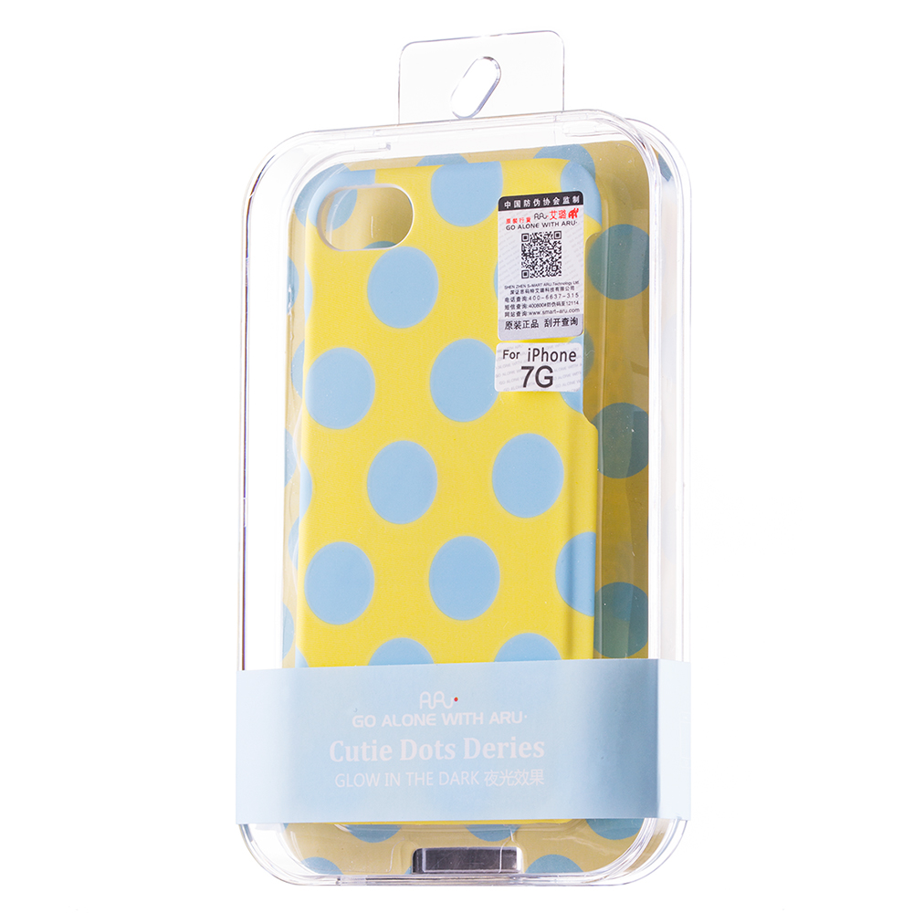 Capa Aru Frosted Cutie Dots para iPhone Capa para iPhone 7G amarela com bolinhas azuis em embalagem transparente.