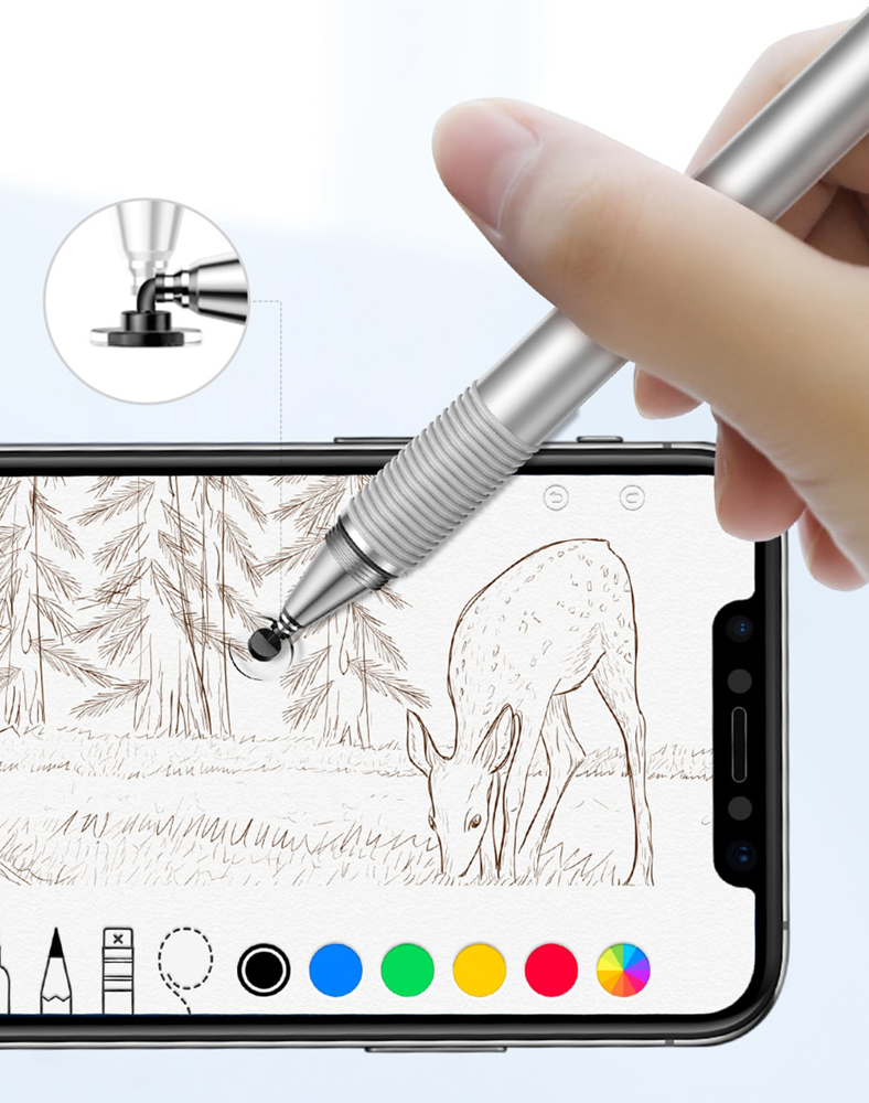 Caneta Stylus Baseus Golden Cudgel Double-sided Caneta stylus prateada a desenhar num smartphone com ilustração de veado