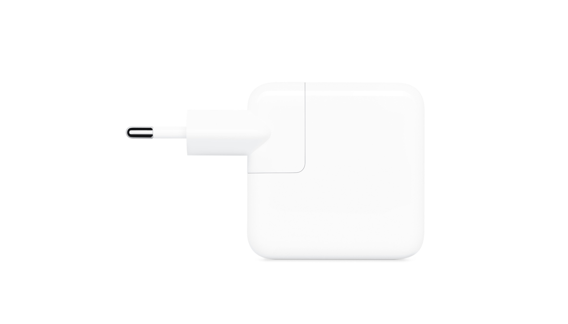 Carregador / Adaptador de corrente Apple USB-C de 30W Carregador branco quadrado com pino metálico redondo sobre fundo branco