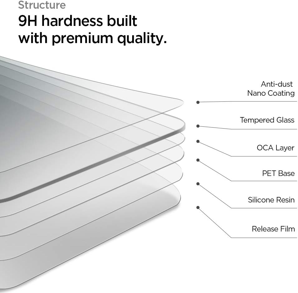 Película de Vidro Temperado Spigen Glass Full Coverage para MacBook Air / Pro Ilustração das camadas de vidro temperado com etiquetas de materiais e texto em inglês.