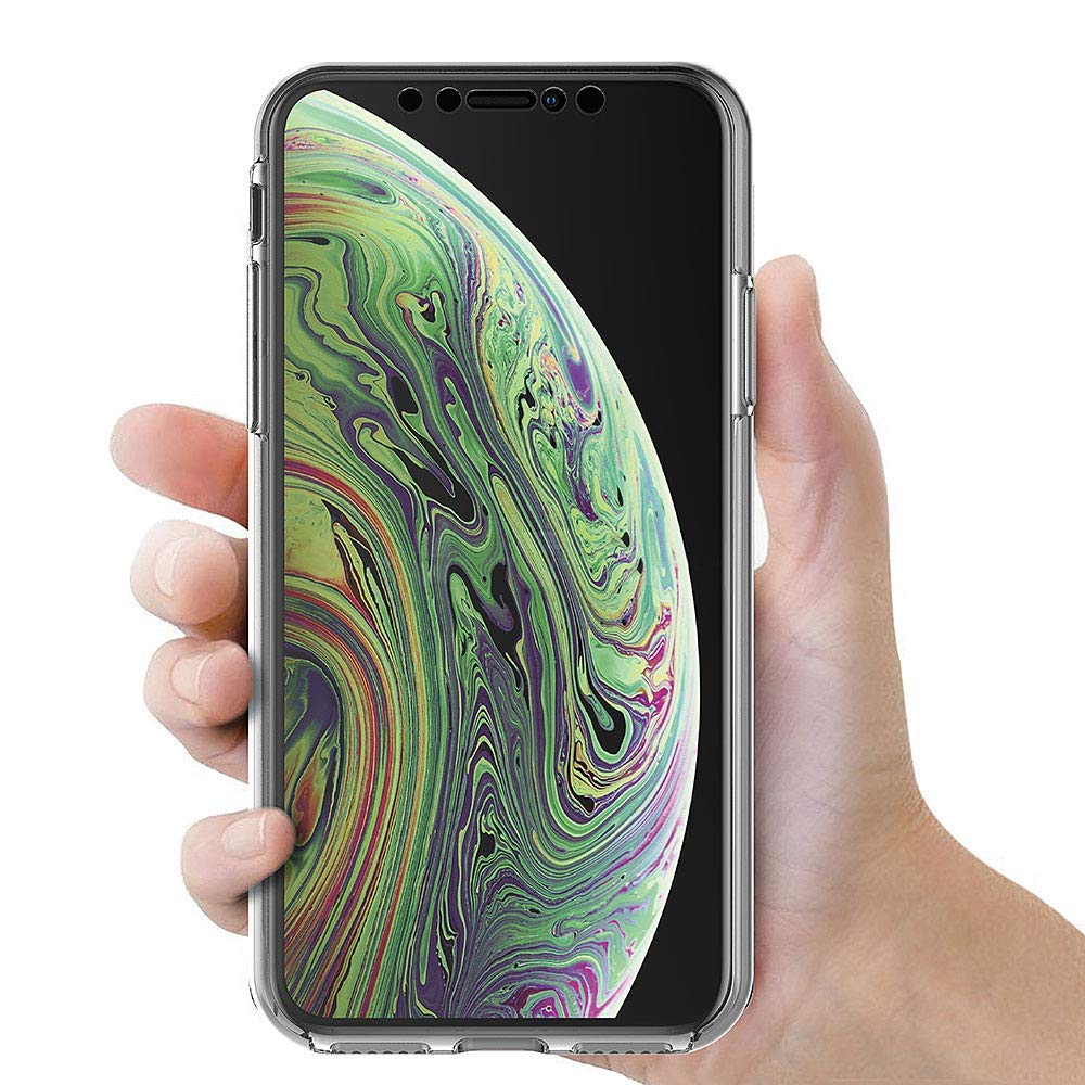 iPhone X/XS Capa 360º Silicone Transparente Telemóvel com ecrã colorido em padrão abstrato, em caixa transparente, mãos segurando.