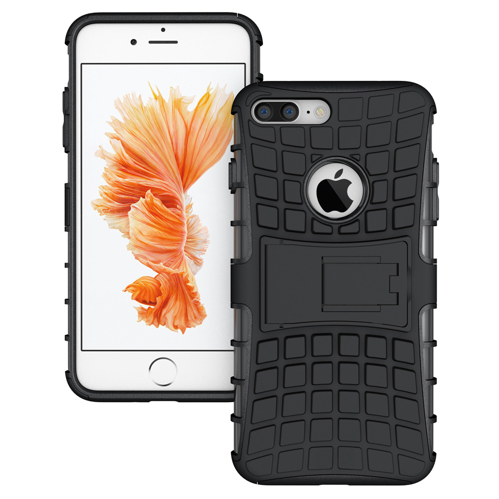 iPhone 7/8 Plus Capa Híbrida Stand Anti-Shock Smartphone branco com capa protetora preta em borracha com padrão geométrico e suporte integrados