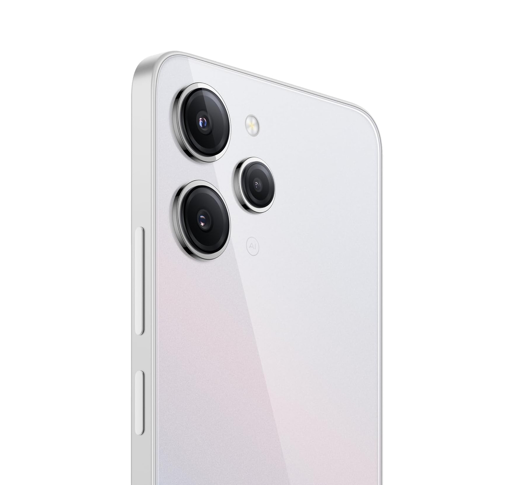 Xiaomi Redmi 12 8GB/256GB - Polar Silver Smartphone branco com três câmaras traseiras e botões laterais