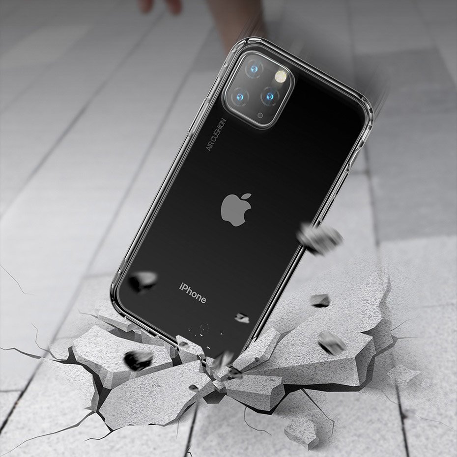 Capa Silicone Reforçada Safety Airbags para iPhone 11 Pro iPhone preto com capa transparente a cair e partir chão de azulejos cinzentos