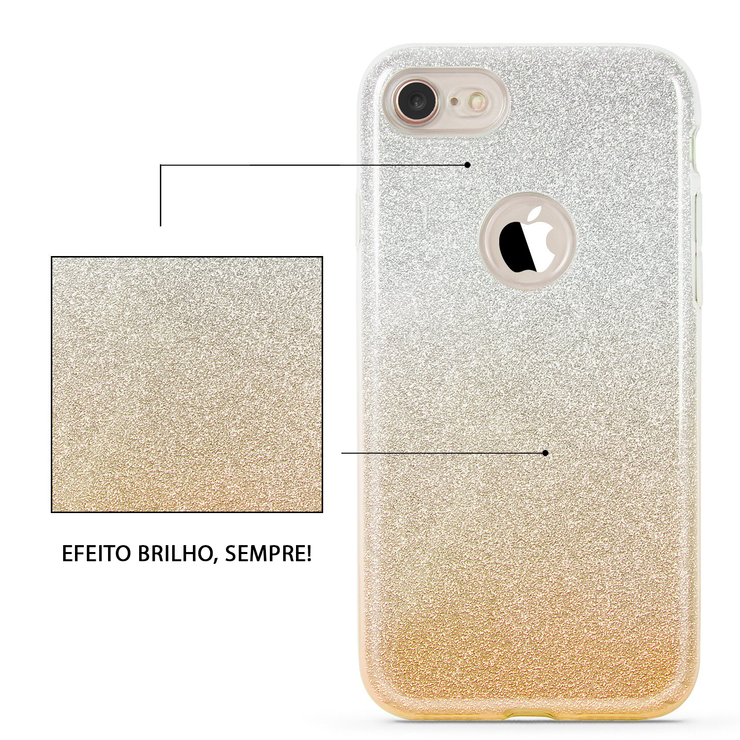 iPhone 7/8 Capa Silicone Gradient Bling Capa brilhante para smartphone em tons dourados e prateados com recorte para câmara e logótipo
