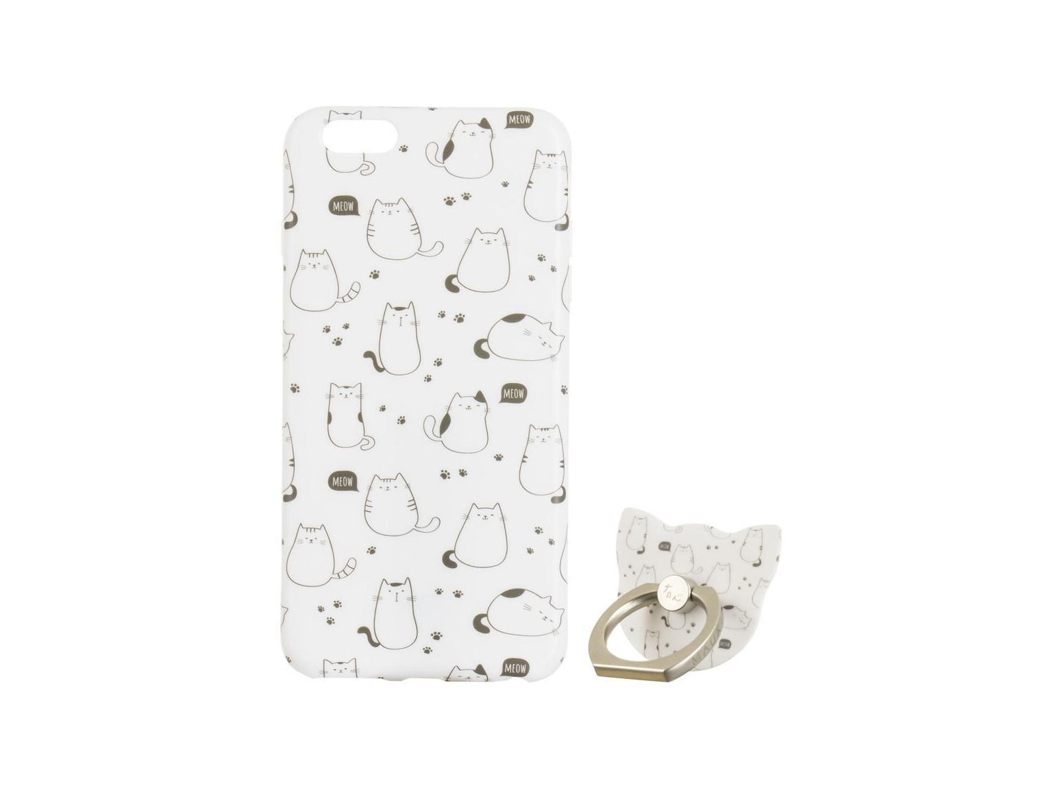 iPhone 7/8 Plus Capa Maoxin Meow (Capa + Ring Holder + Notebook + Estojo) Capa de telemóvel branca com desenhos de gatos e suporte com anel em forma de cabeça de gato