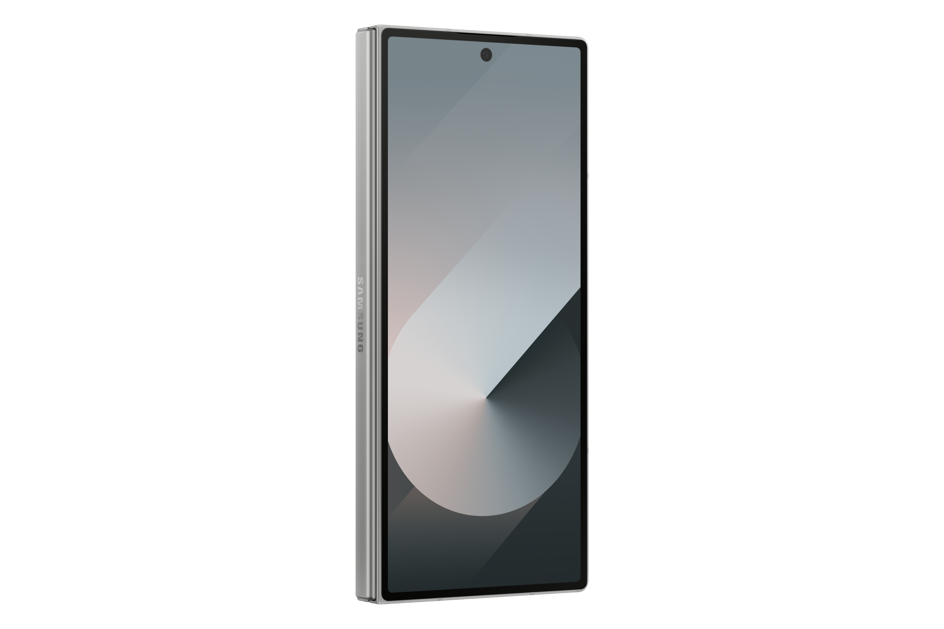 Samsung Galaxy Z Fold 6 12GB/256GB - Silver Shadow Smartphone cinza prateado com ecrã frontal e câmara central no topo.