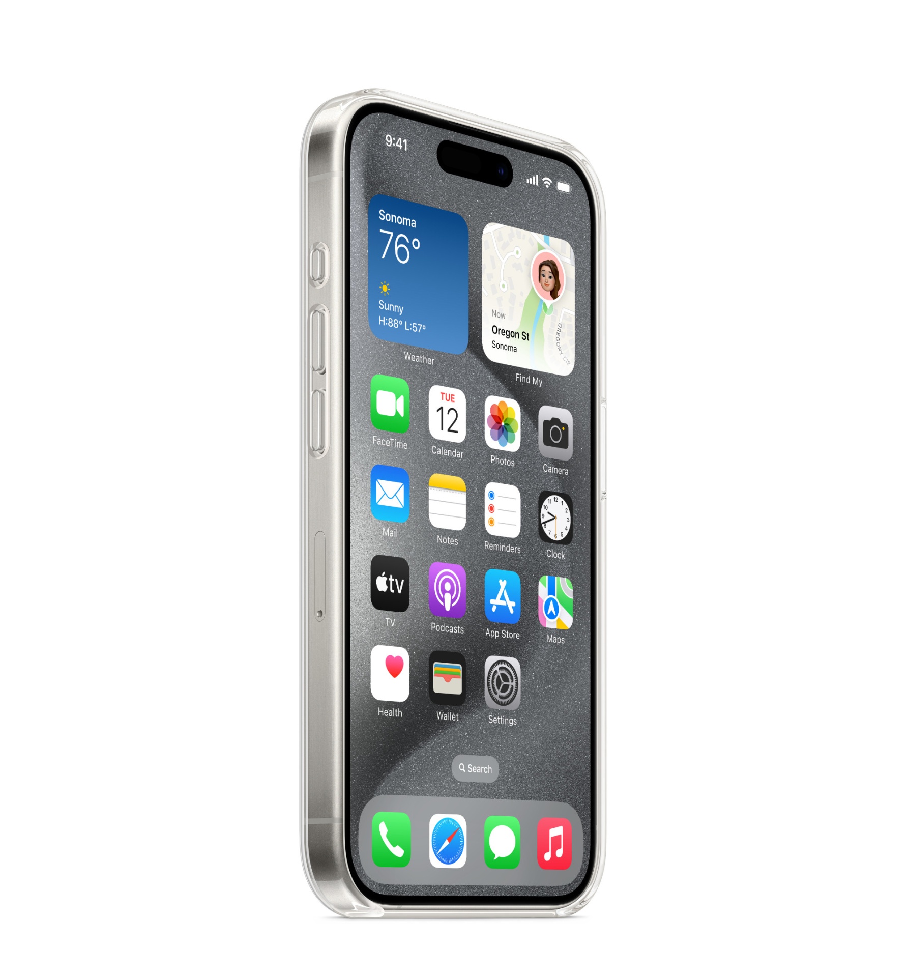 Capa Transparente MagSafe Premium para iPhone 15 Pro Max Smartphone prateado com ecrã tátil e ícones de aplicações