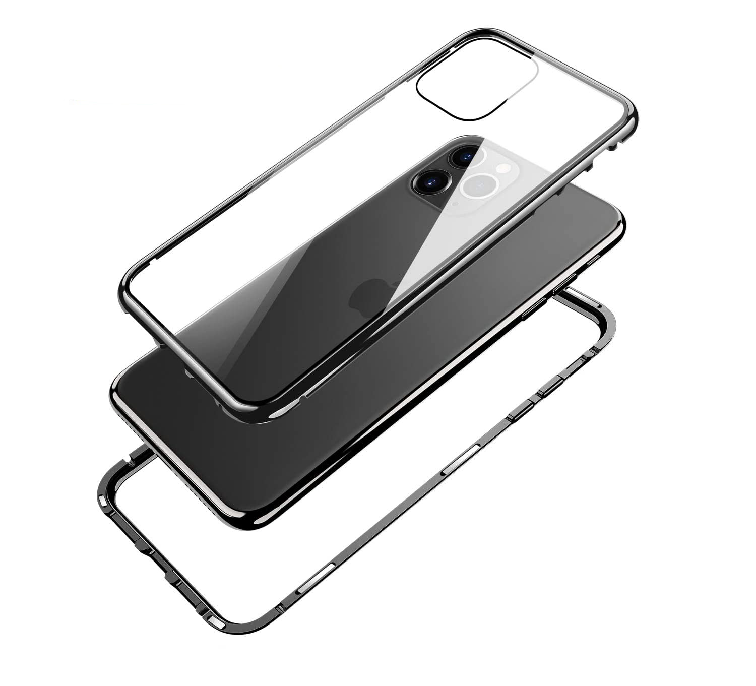 Capa Magnética 360º Wozinsky Premium para iPhone 11 Pro Max Smartphone preto com capa transparente e bordas prateadas separada do telefone