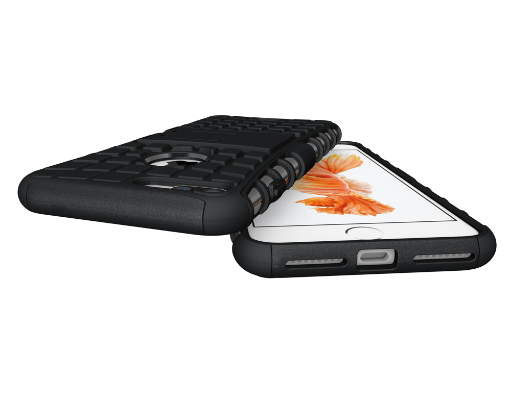 iPhone 7/8 Plus Capa Híbrida Stand Anti-Shock Capa de telemóvel preta com textura quadrada e telemóvel branco de ecrã ligado