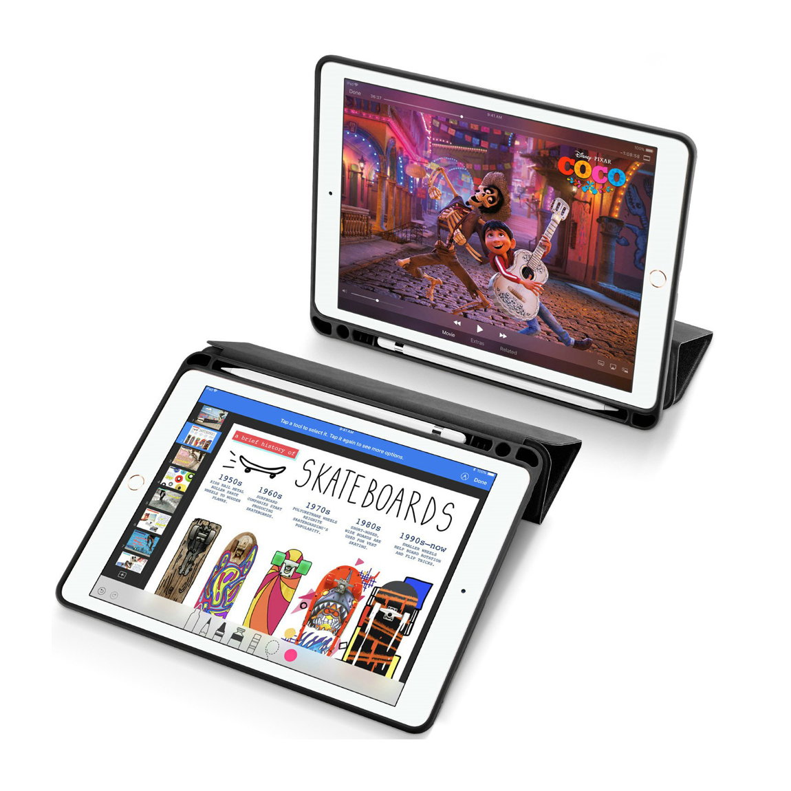 Capa Dux Ducis Domo Pencil para iPad 9.7'' Dois tablets com capas pretas mostram imagem do filme COCO e página web sobre skateboards
