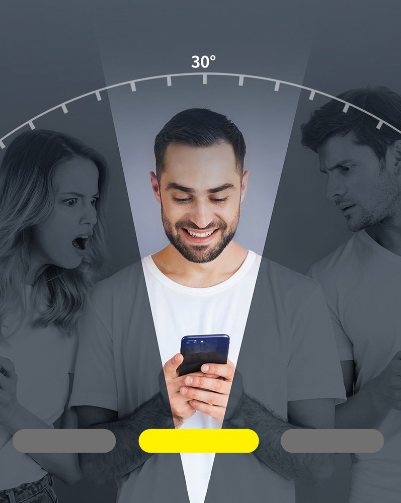 (Pack 2) Películas Protecção e Privacidade em Vidro Temperado Baseus Anti-Spy para iPhone 12 mini Homem sorridente com telemóvel, com pessoas zangadas e surpresas ao fundo e gráfico semicircular