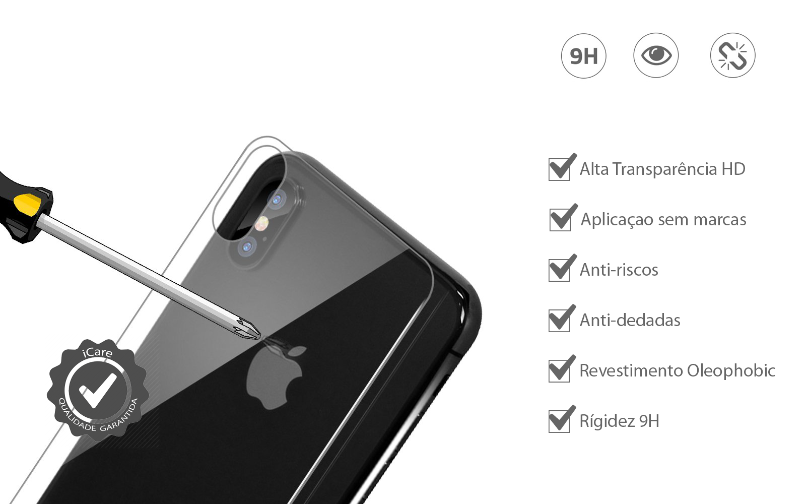 Películas de Protecção Traseira em Vidro Temperado iPhone X/XS Proteção transparente para capa traseira de smartphone preto