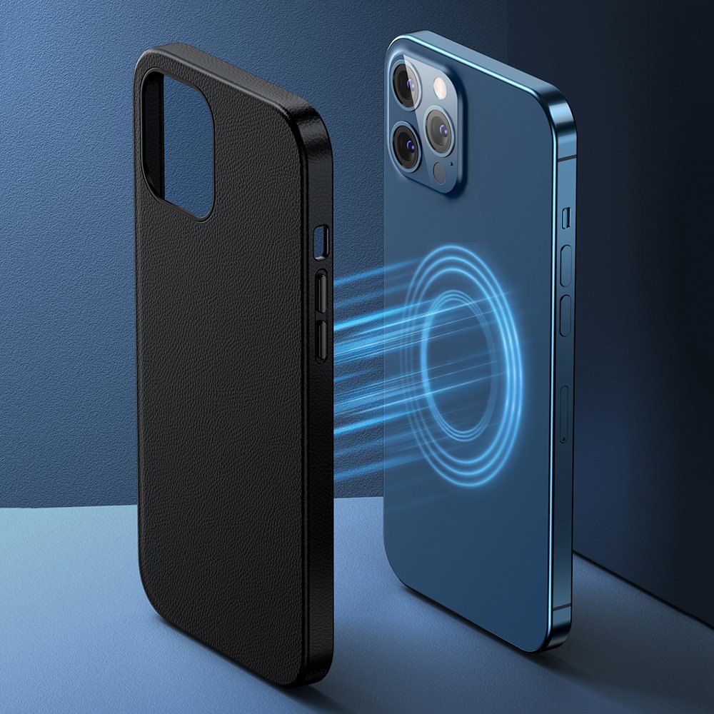 Capa Magnética Baseus Leather para iPhone 12/12 Pro Capa preta para smartphone ao lado de telemóvel azul com três lentes e anel azul luminoso