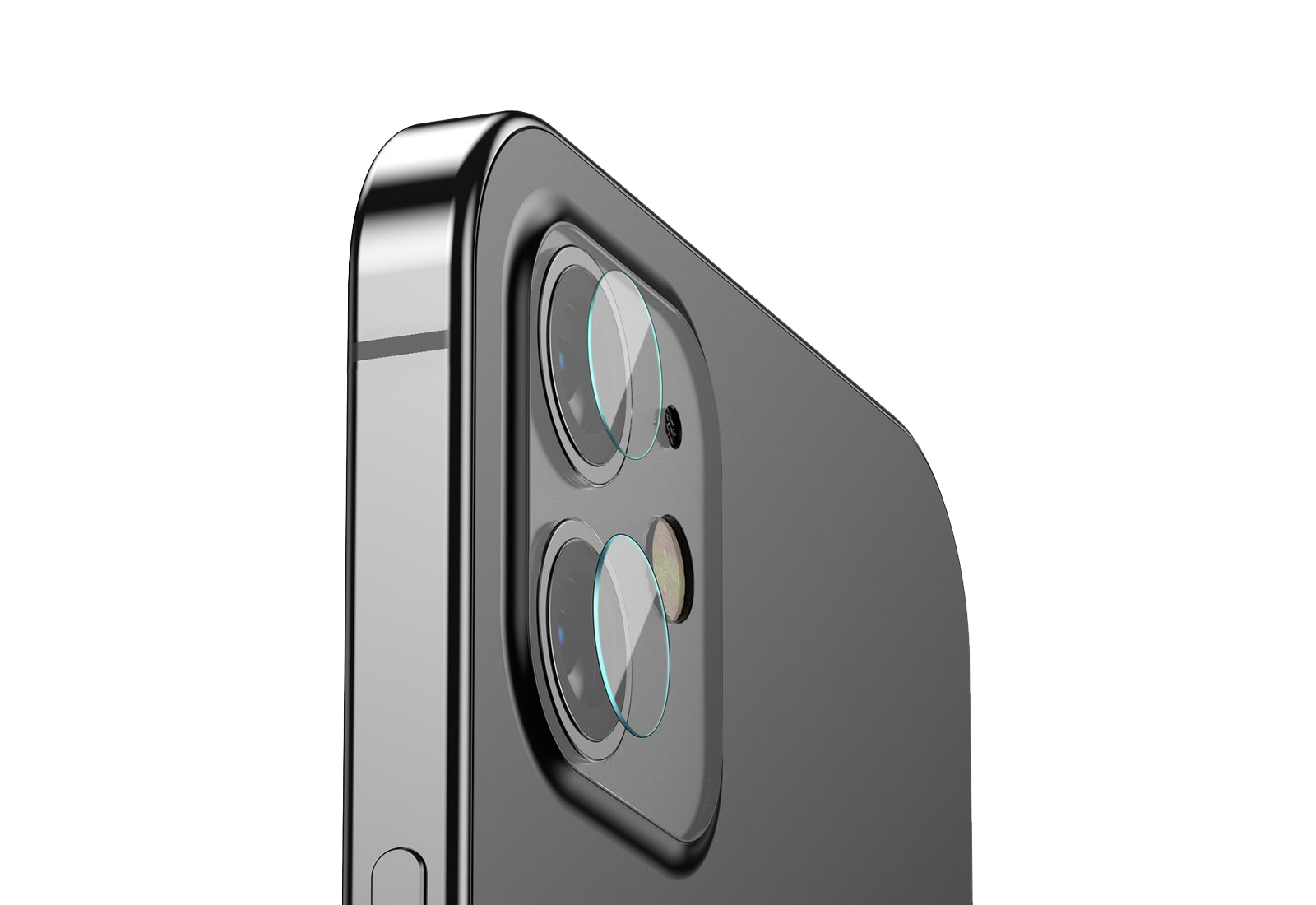 (Pack 4) Películas de Protecção de Câmara Traseira 3mk Híbrida FlexibleGlass para iPhone 12 Smartphone preto com três câmeras traseiras em relevo e botão lateral