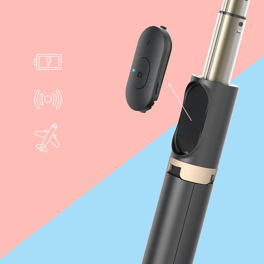 Selfie Stick + Tripod com comando (amovível) HD+ Wozinsky Dispositivo electrónico portátil preto com componente removível num fundo rosa e azul